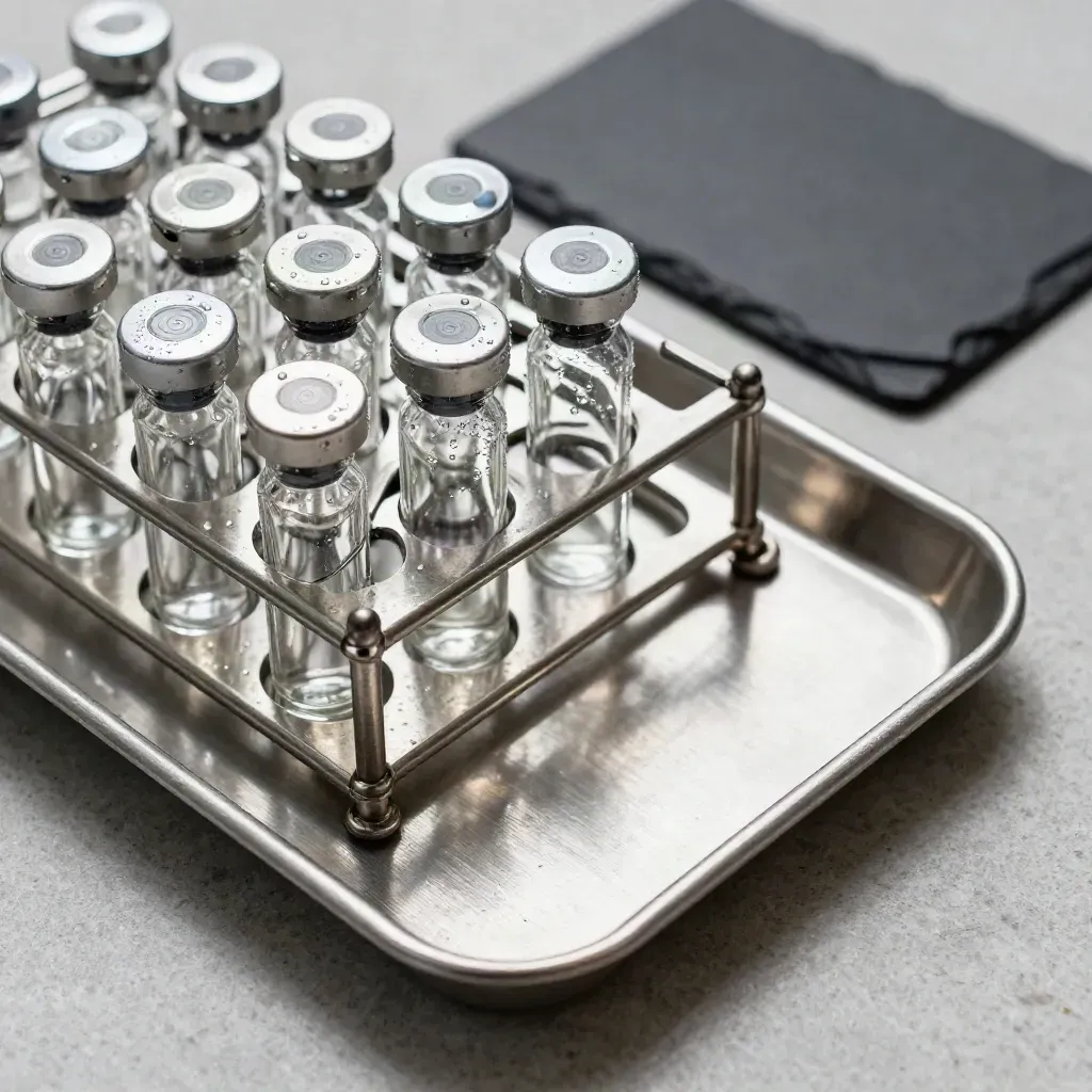 Top-down macro of lab vials in a rack with condensation on brushed metal and stone.