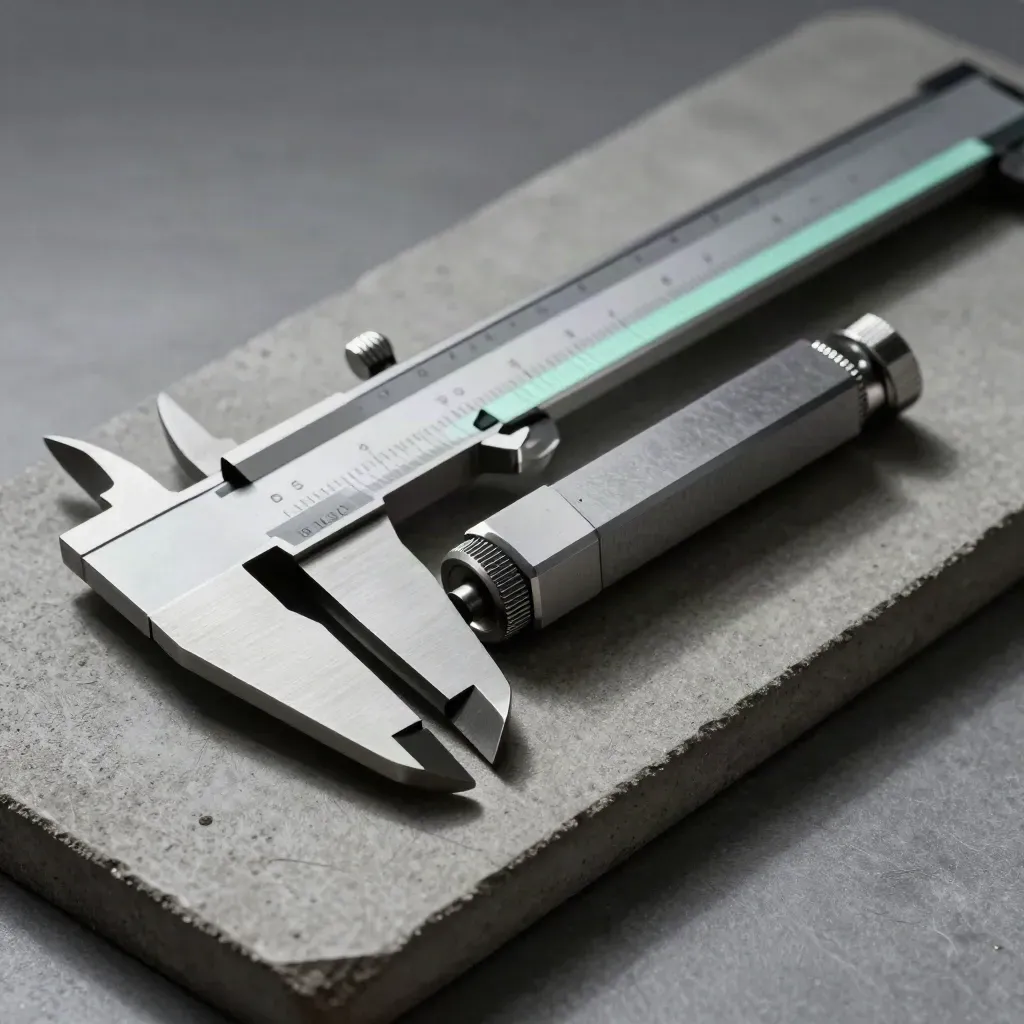 Gauge blocks, caliper jaws and a knurled calibration weight on concrete, lit by hard studio light.