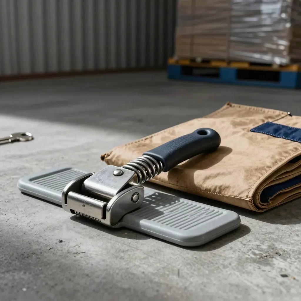 Freight buckle, pallet guard and cargo-seal sleeve on concrete in dramatic warehouse light