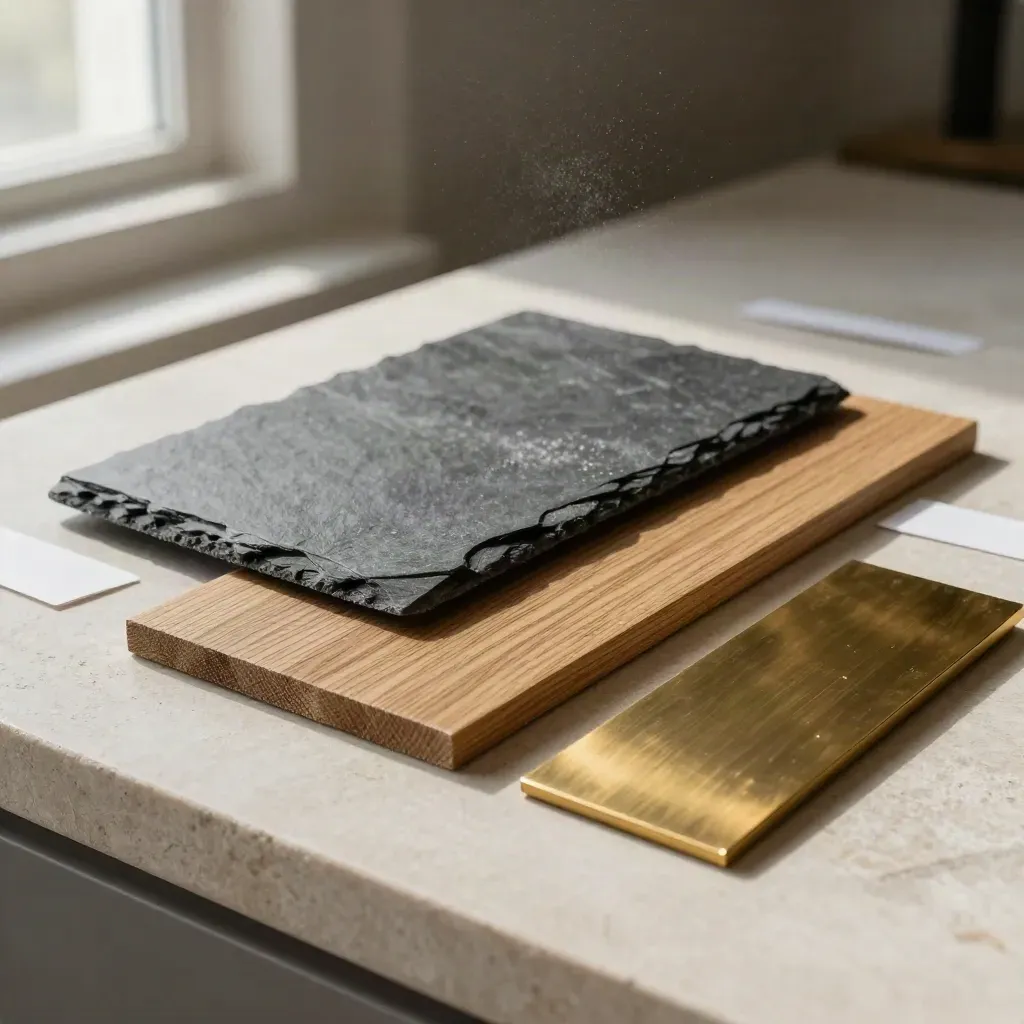 Slate chip, oak veneer strip and brass offcut on pale stone in soft daylight.