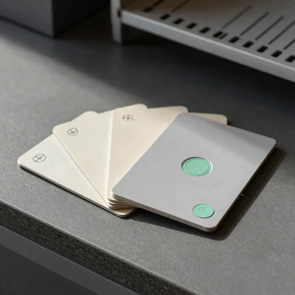 Three spend cards fanned beside a card sleeve and mint seal on a graphite surface.
