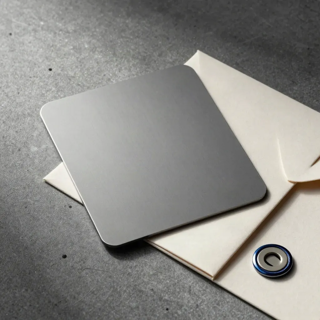 Macro still life of a metal spend card, sleeve and activation token on graphite concrete.