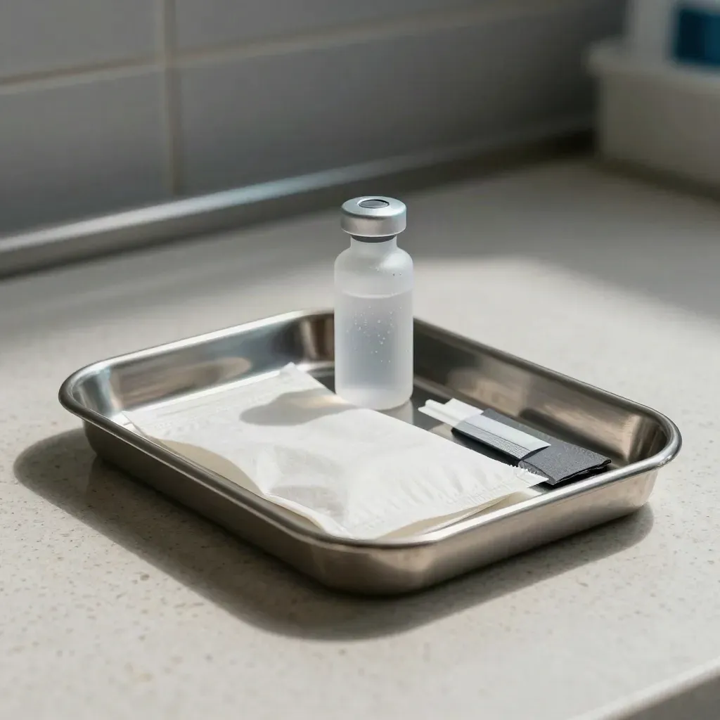 Clinical still life with instrument tray, specimen vial and sterile pouch on travertine.