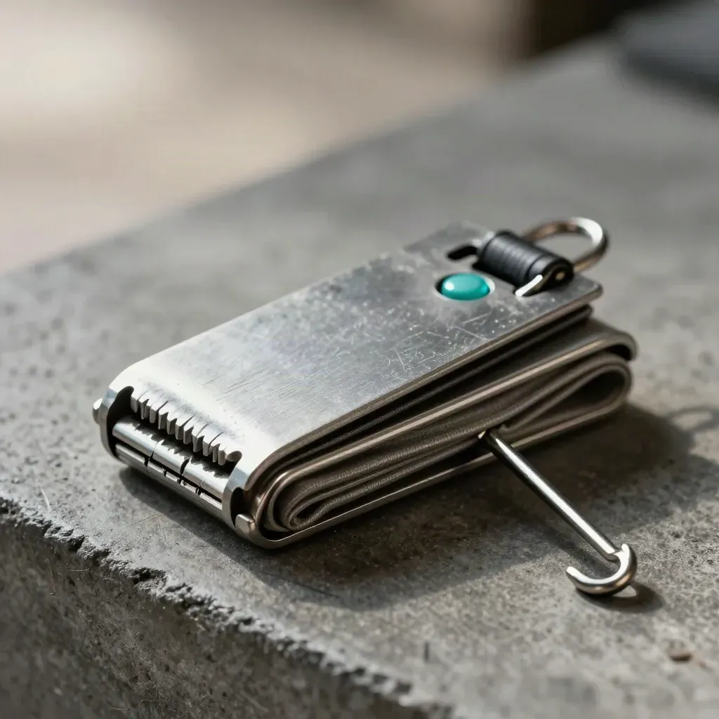 Macro retail ops kit with garment hook, tag pin, and basket handle on concrete.