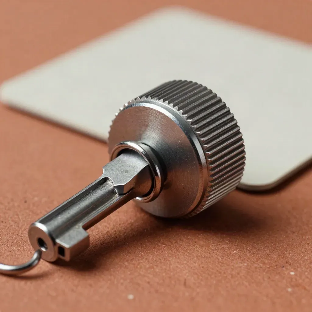 Macro of a knurled metal limit dial, stop clip, and security ring on a terracotta stone slab.