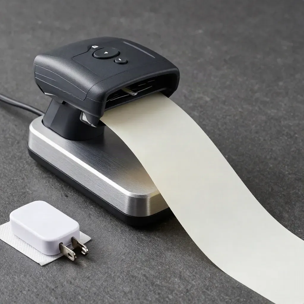 Macro of a receipt scanner docked beside a thermal receipt strip on graphite stone.
