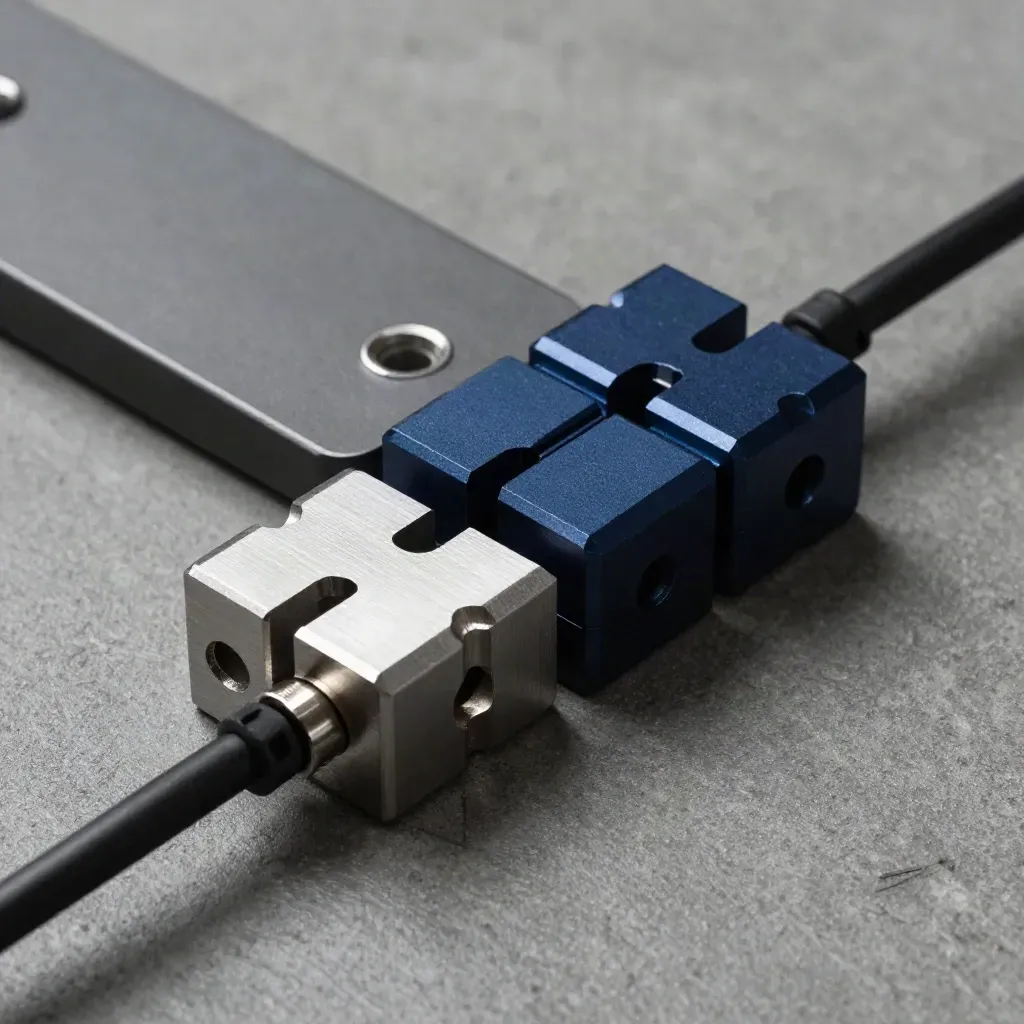 Aluminium connector blocks, dock plate and patch cable on a graphite surface under hard sidelight