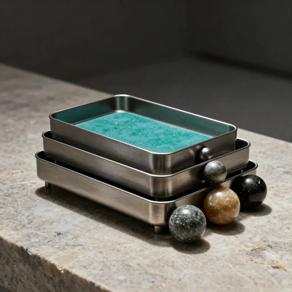Three metal cash trays with stone counterweights on a stone surface, lit dramatically.