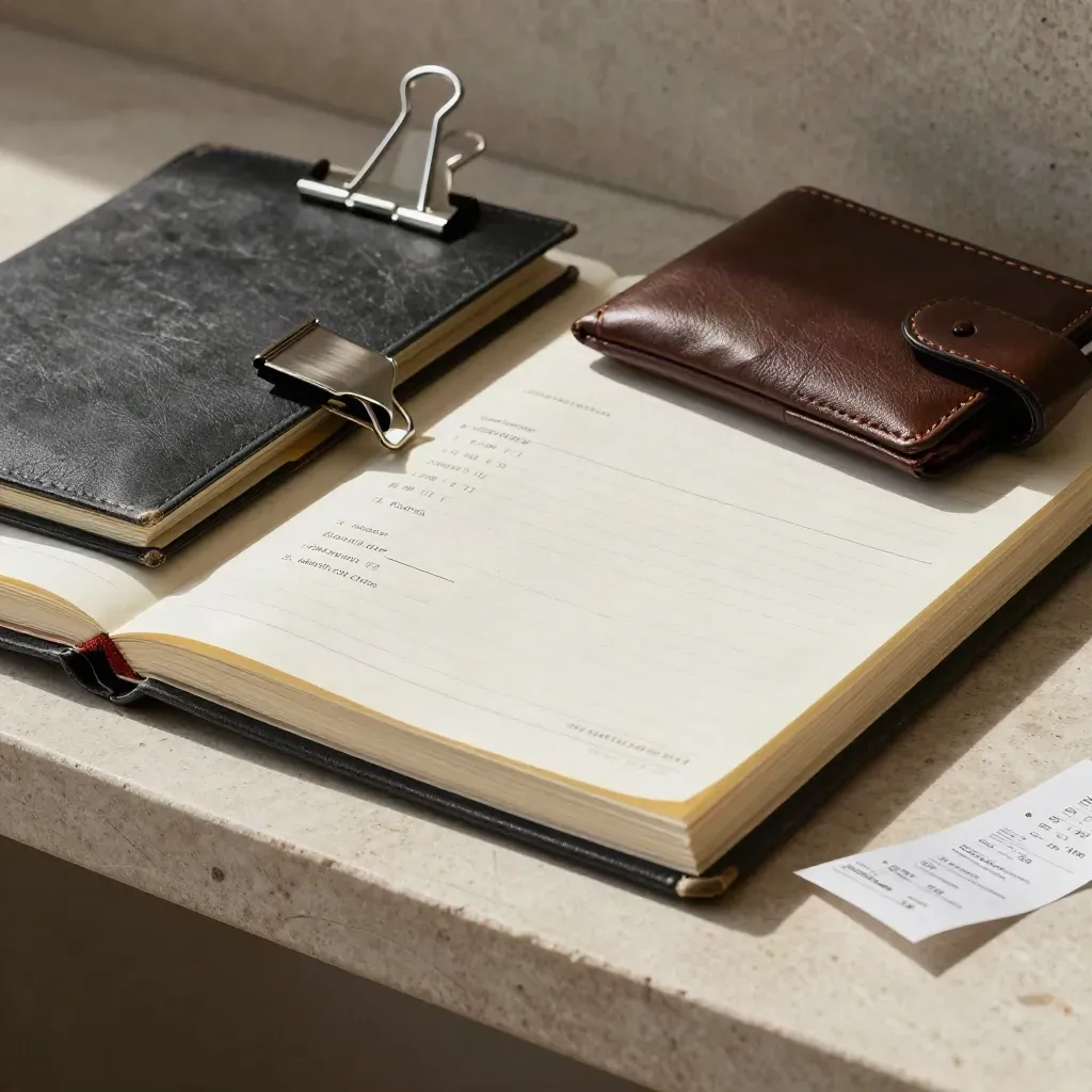 Closed ledger, receipt envelope, binder clip and card wallet on stone in soft daylight
