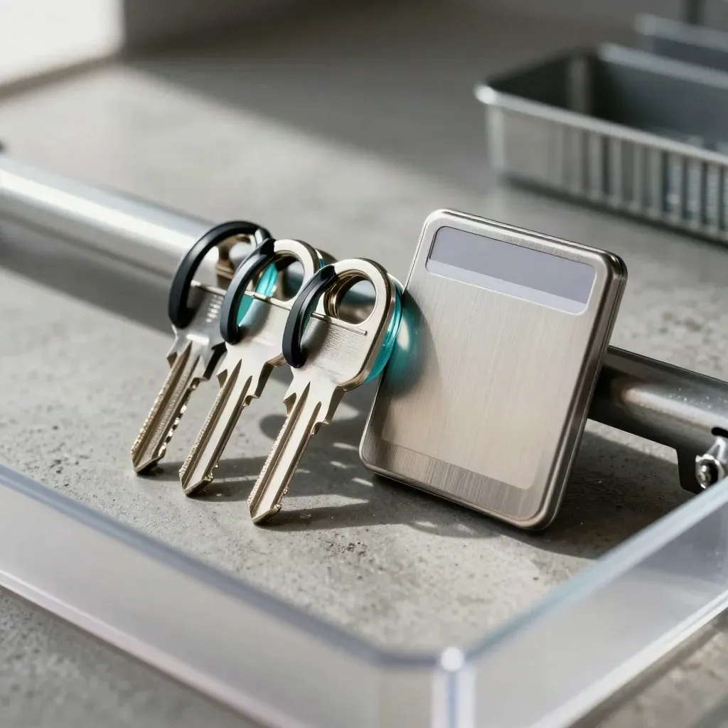 Key rings, access seals and a slim card case on a warehouse issue counter in low industrial light.