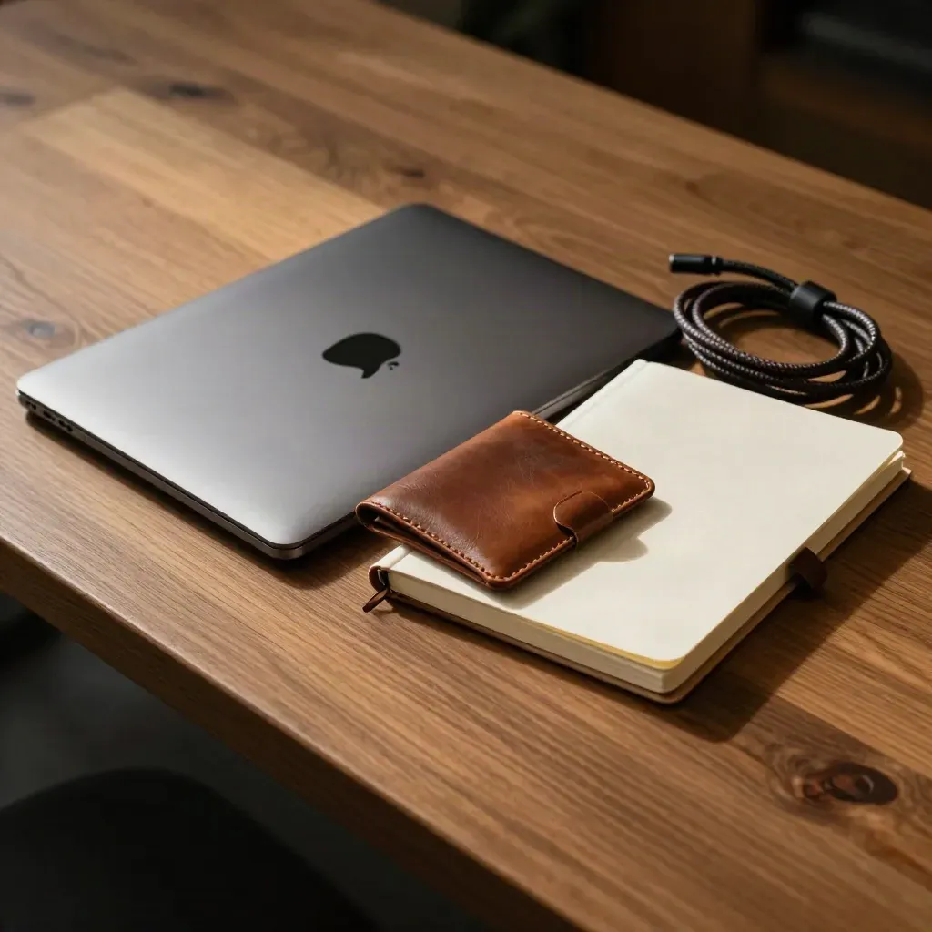 Closed laptop, leather card wallet, blank notebook and cable coil on oak, seen past a binder corner.