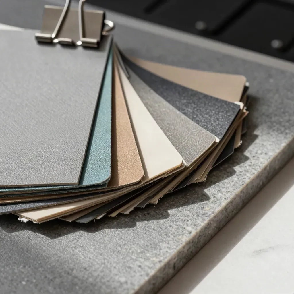 Graphite project folder, steel clips, and material swatches on stone in a tight macro overhead.