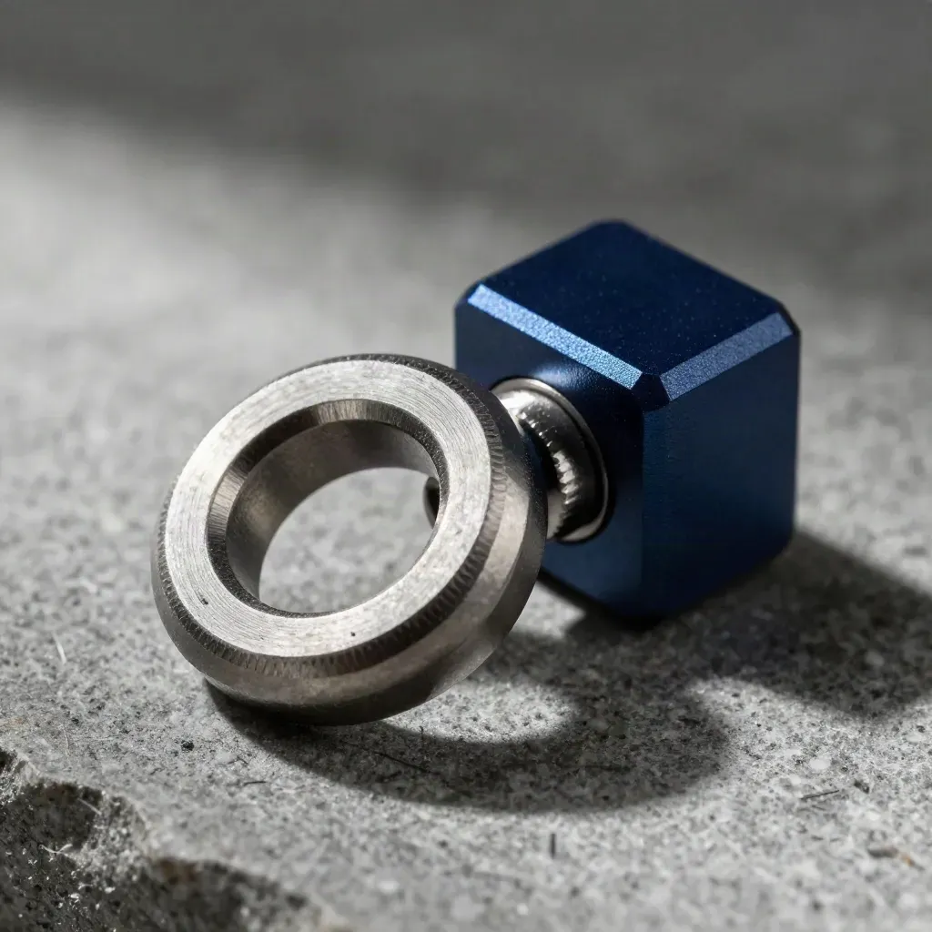 Linked steel rings, connector, and navy block on stone in dramatic macro light.