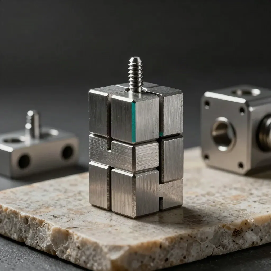 Aluminium workflow stack with a dowel pin on limestone and a subtle teal accent.