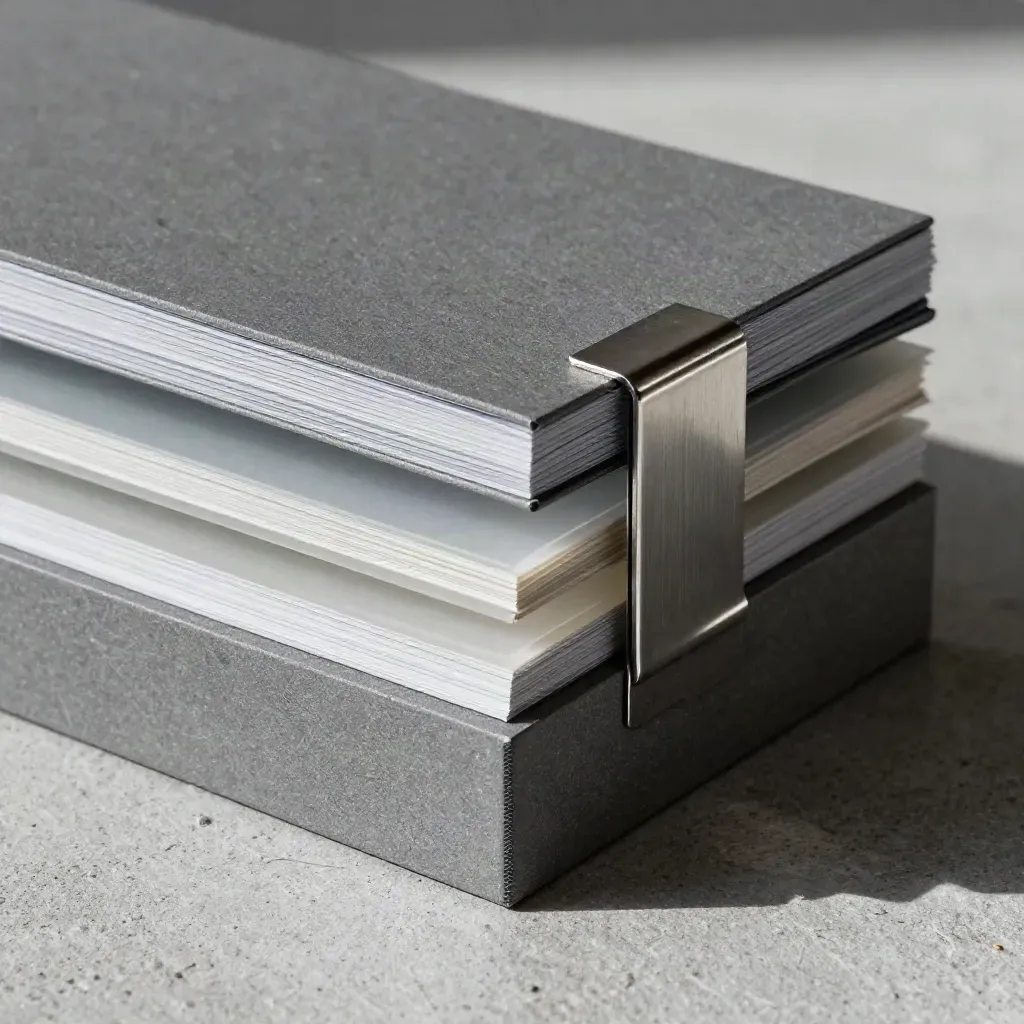 Graphite blocks, acetate sheets, and a brushed clip on concrete in hard side light.