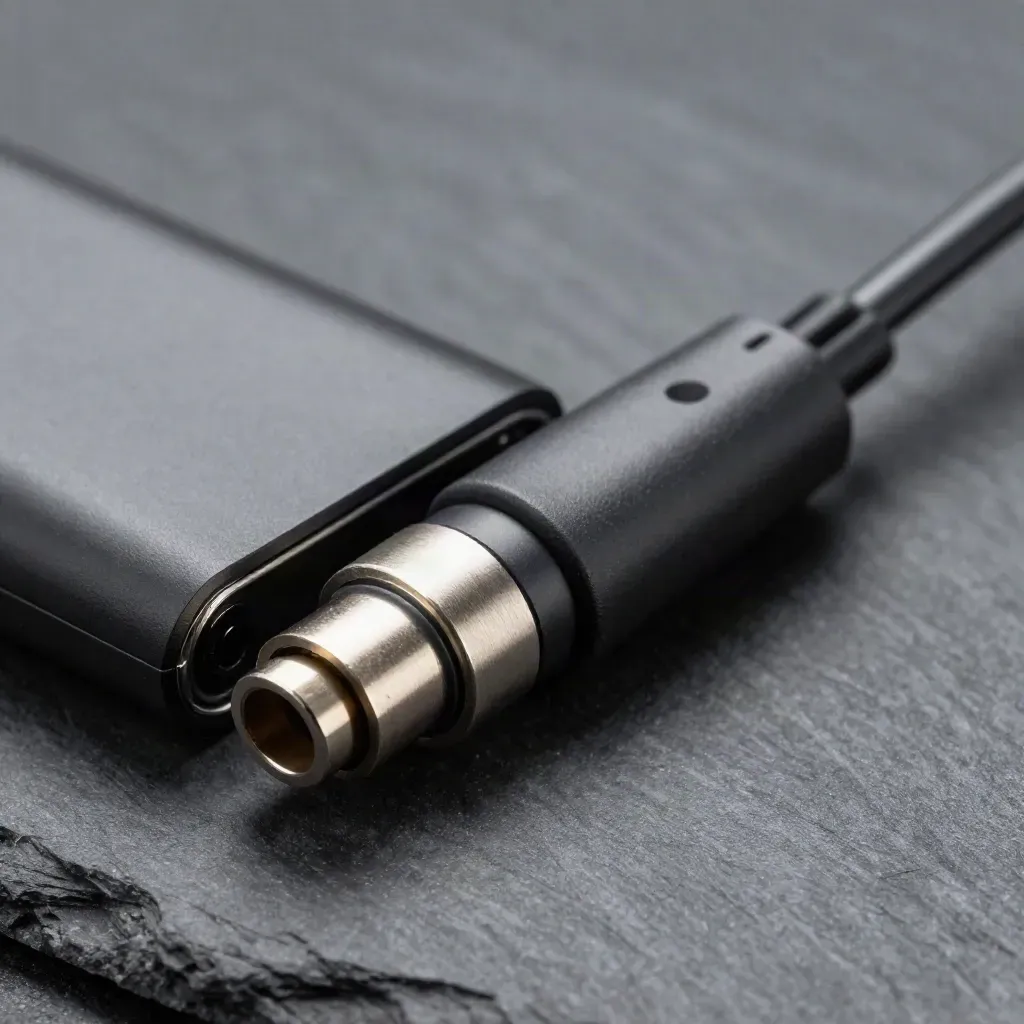 Precision couplers, card-reader dock shell and cable loop on slate in dramatic studio light.