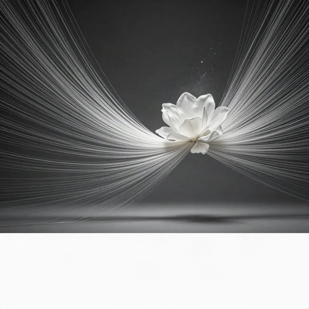 Silver filaments converge into a soft bloom in dark graphite space with open copy area.